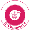 A circular icon representing E-commerce, featuring a shopping cart with a computer mouse cursor inside, and the text 'E-Commerce' written across the bottom of the circle.