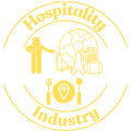 Circular Hospitality Industry icon with stylized hotel building, fork and knife, cocktail glass, and the text 'Hospitality Industry'.