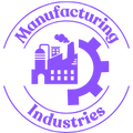 Circular Manufacturing Industries icon with stylized factory buildings, gear, and the text 'Manufacturing Industries'.