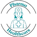 Circular Pharma & Healthcare icon with a stylized healthcare professional and the text 'Pharma Healthcare'.
