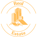 A circular icon representing Real Estate, featuring a stylized illustration of buildings or houses, and the text 'Real Estate' written across the bottom of the circle.