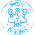 Circular Service Providers icon with stylized people icons connected by cloud-like shapes, and the text 'Service Providers'.