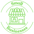 Circular Small Businesses icon with a stylized storefront and the text 'Small Businesses'.