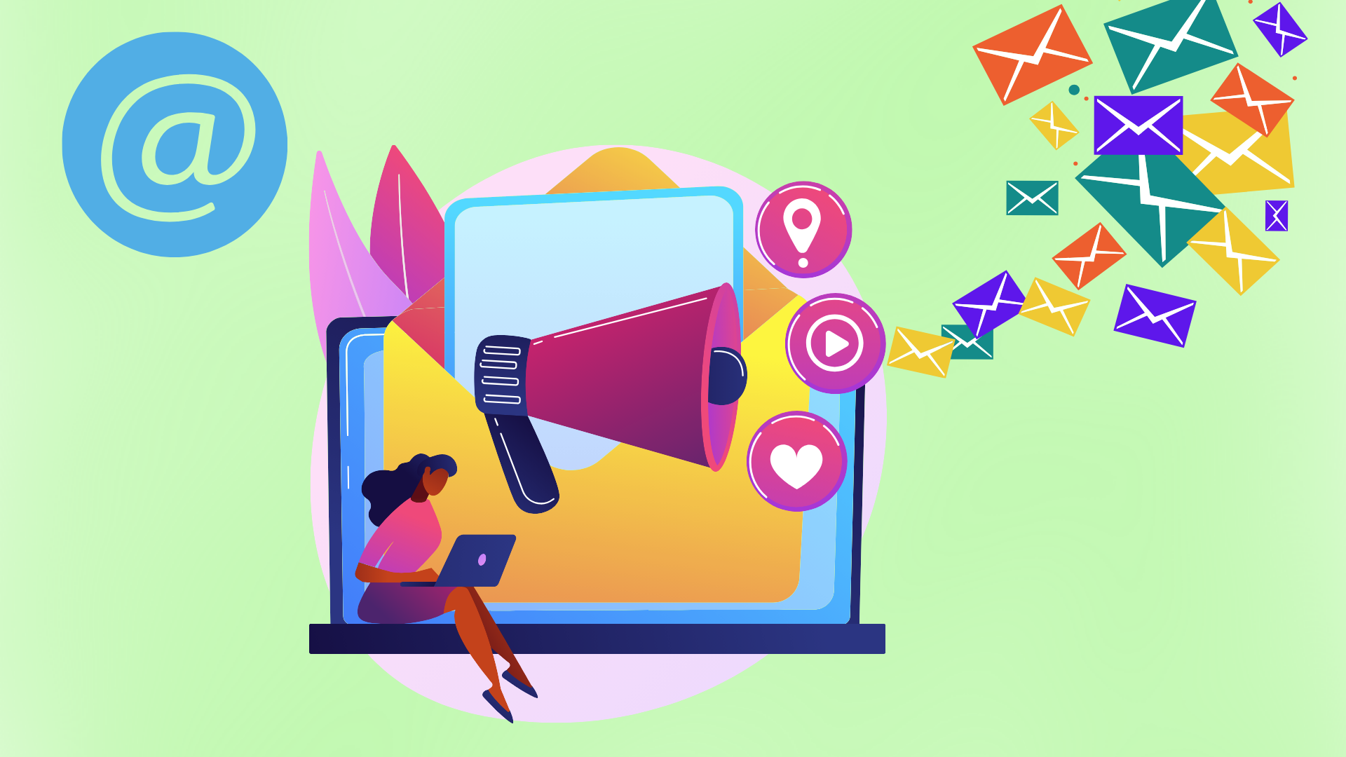Email marketing image featuring an @ symbol, a tablet displaying an email design, and abstract digital communication elements.