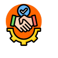 Circular strategic partnerships icon with two hands shaking, a gear, and a checkmark symbol.