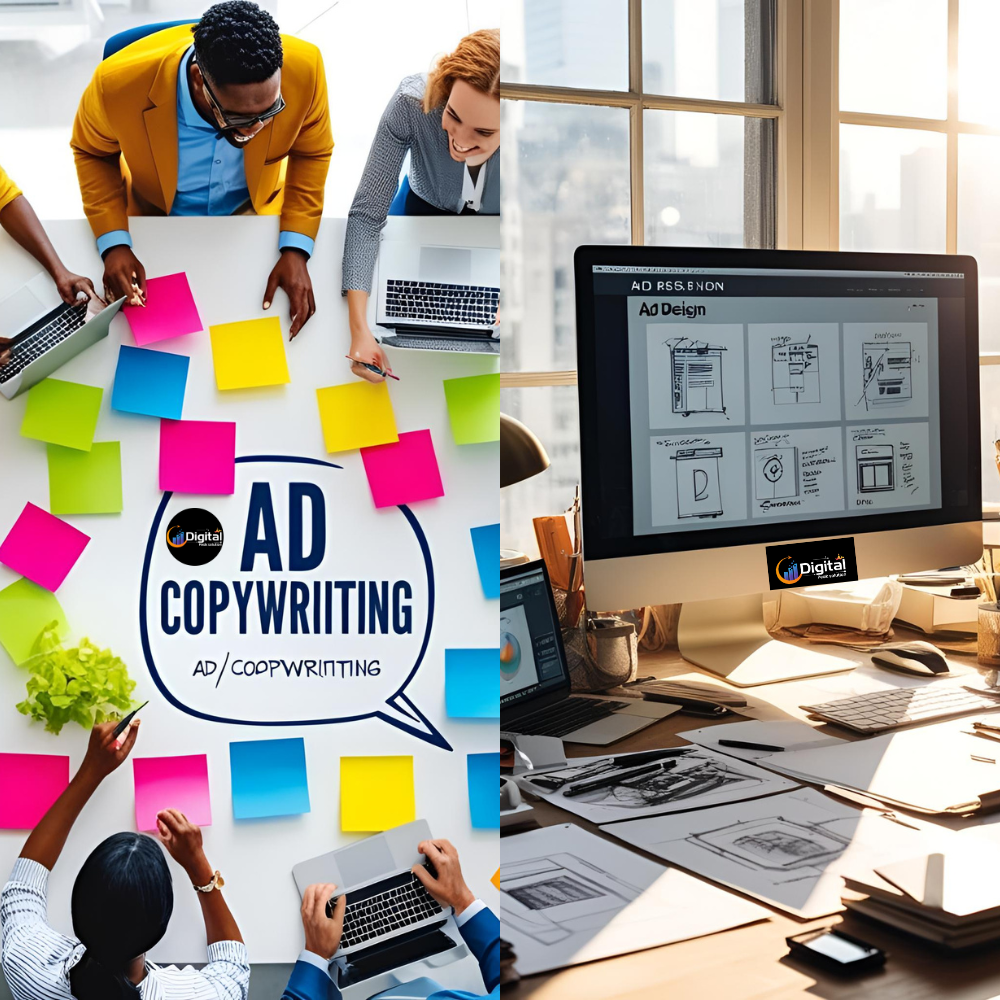 Split image: ad copywriting brainstorming and ad design concepts.