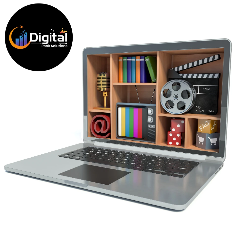 Laptop screen filled with diverse content format icons.