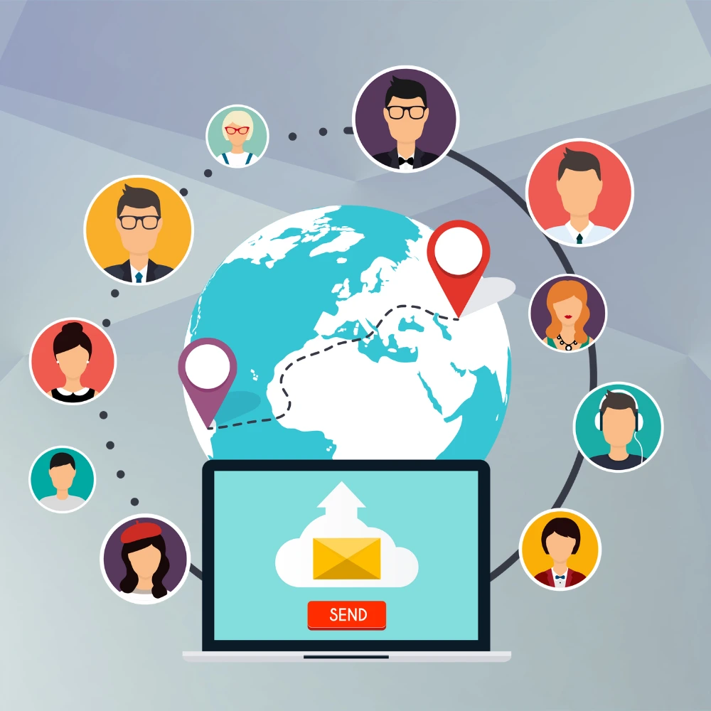 Laptop sending email to cloud with globe and diverse user avatars.